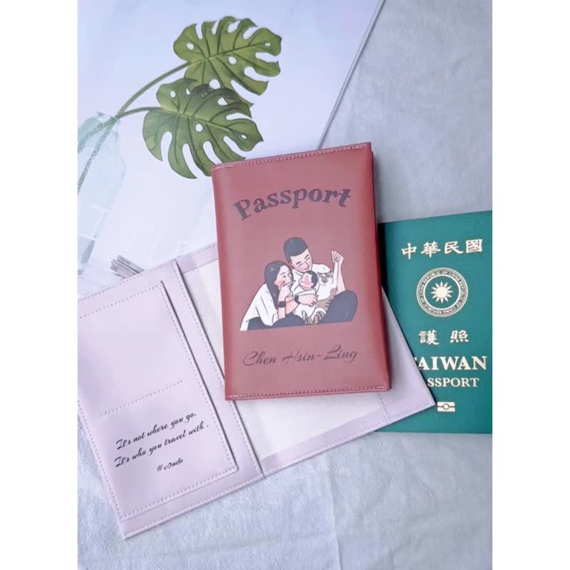 定制似颜绘-皮革护照套 情侣、婚纱、小孩、宠物 - 护照夹/护照套 - 防水材质 