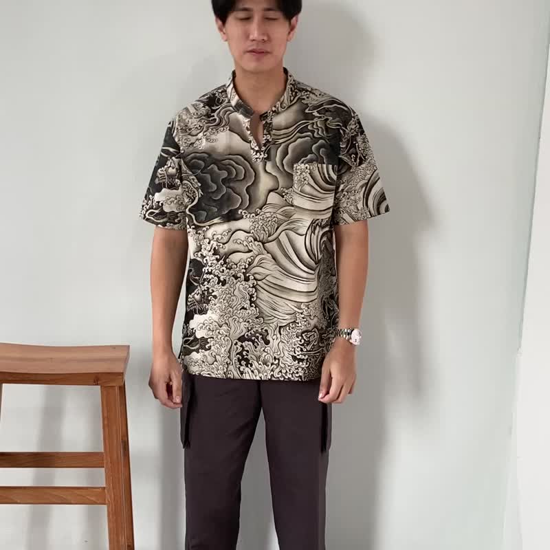 Blue & J Natural Hand Woven Cotton Top with Mandarin Collar-Brown Japanese Wave - 男装衬衫 - 棉 咖啡色