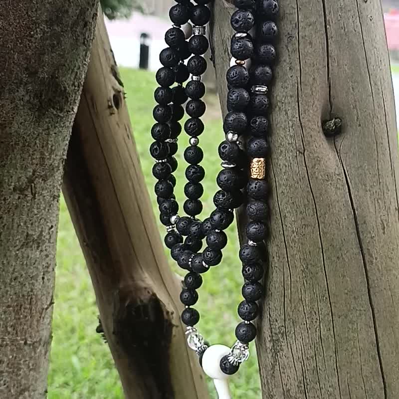 (108颗链)黑火山岩X银丝贝砗磲X海南黄岩岛老砗磲X黄铜X藏银X纯银 - 手链/手环 - 水晶 黑色