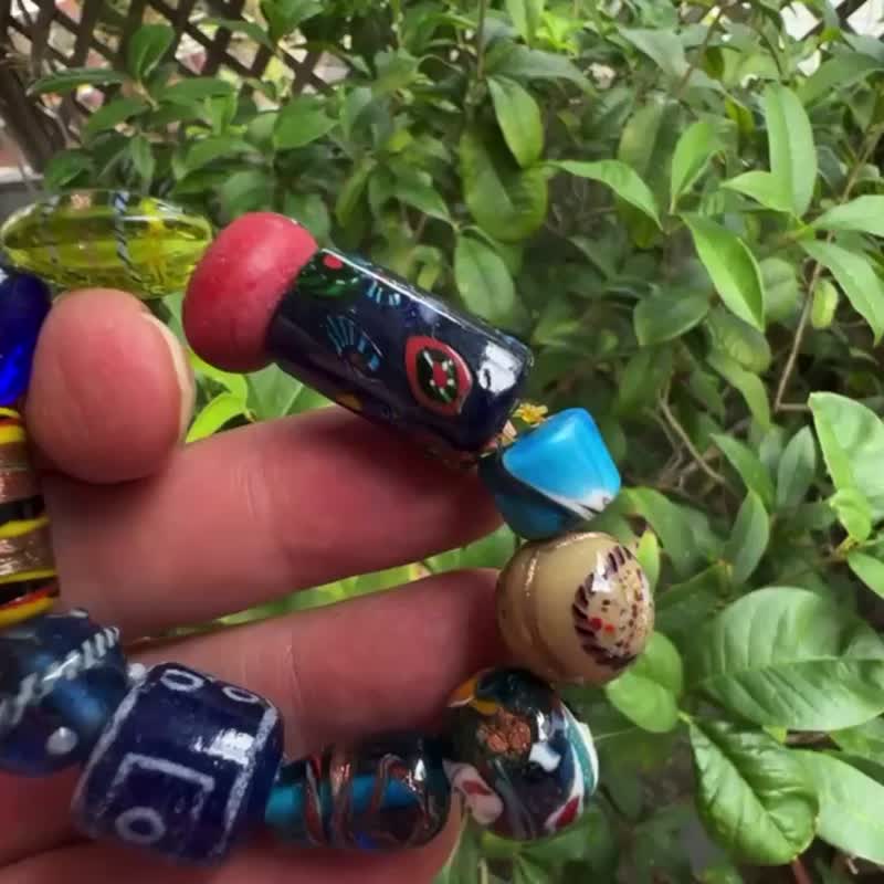 多宝老琉璃珠 手链 49.7克 清代老琉璃 贸易珠 老琉璃珠 老珠子 - 手链/手环 - 玻璃 多色