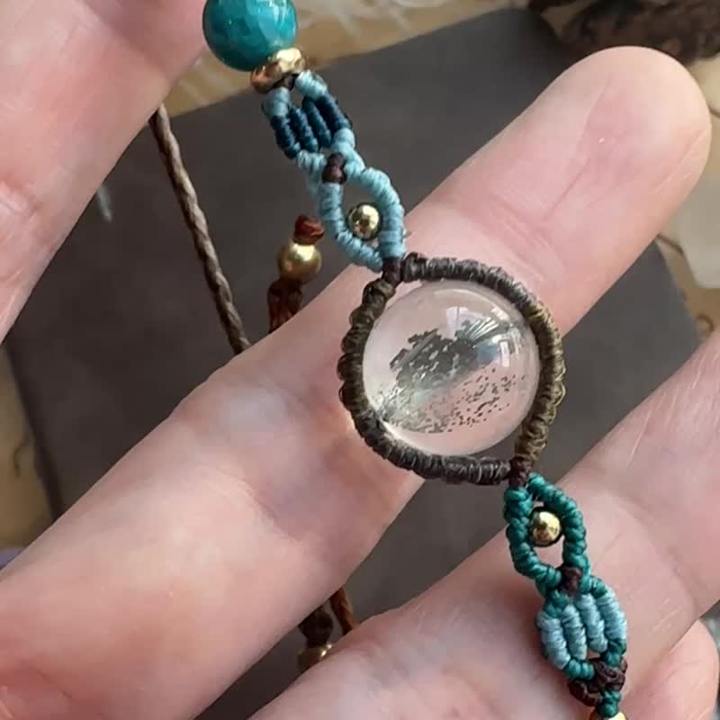 BB175 民族风 蜡线编织 白水晶内含黄铁矿珠 手环 (可调长度) - 手链/手环 - 宝石 咖啡色