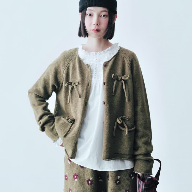 橄榄绿蝴蝶结羊毛针织外套 / 毛衣 - 女装针织衫/毛衣 - 羊毛 绿色