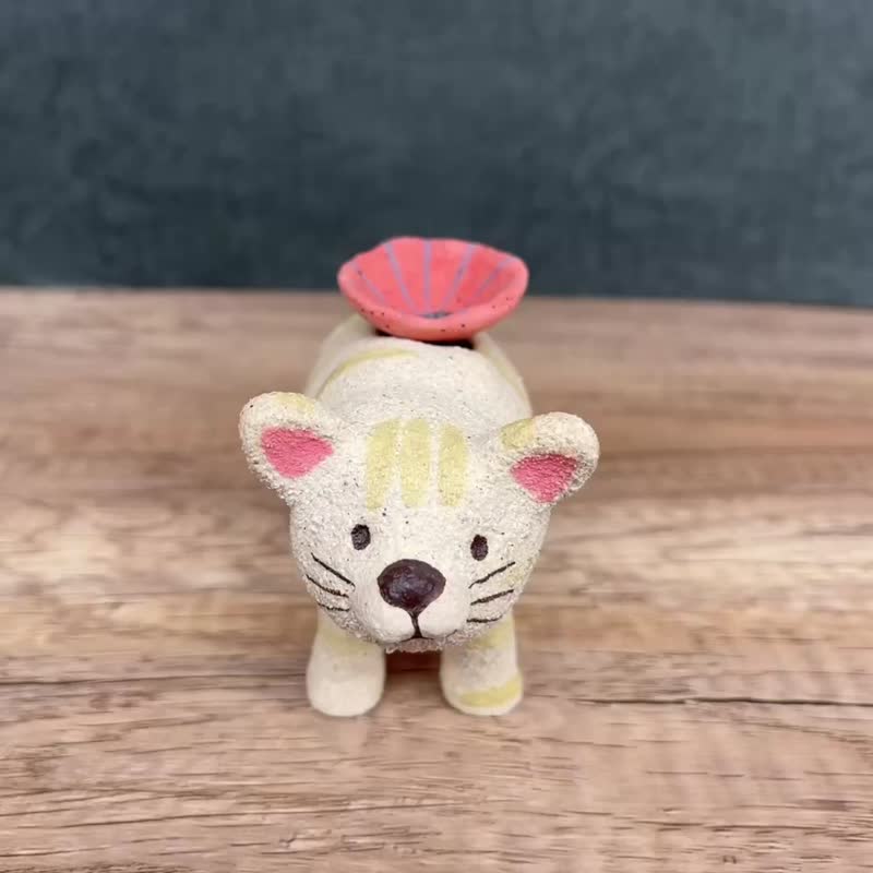 A Lu 小猫陶花器及陶花朶/摆饰/礼物 进口高砂陶土 原创手作手绘 - 花瓶/陶器 - 陶 多色