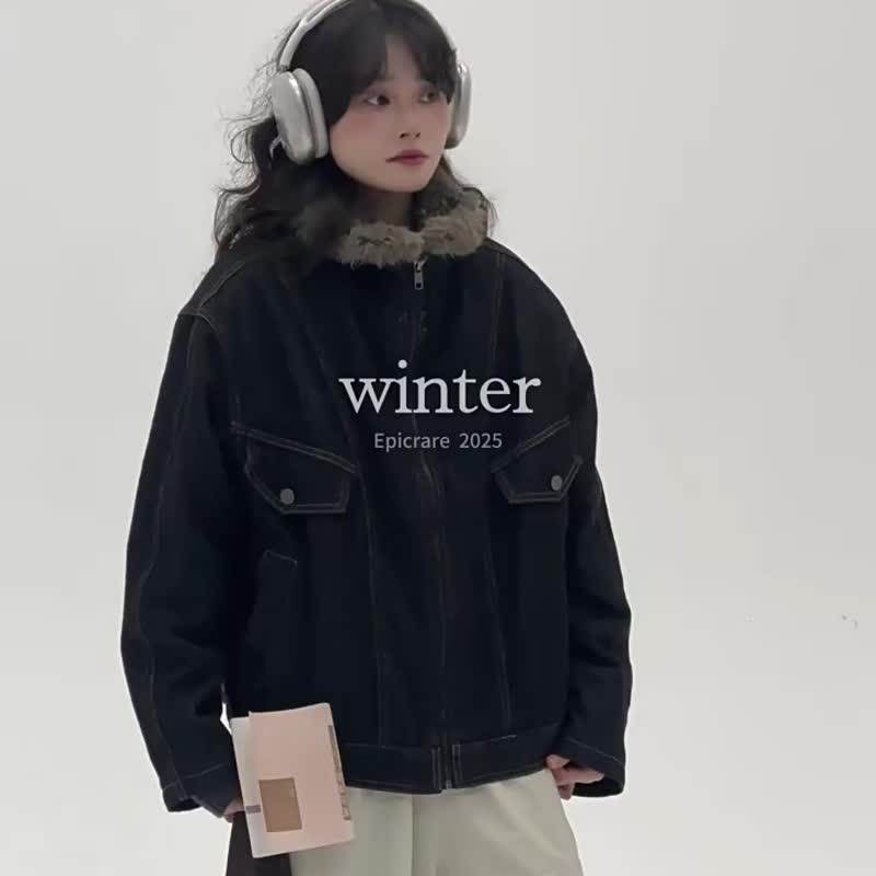 2顏色 部落 美式復古牛仔外套 休閒保暖短外套 秋冬棉服 - 女装休闲/机能外套 - 棉．麻 黑色