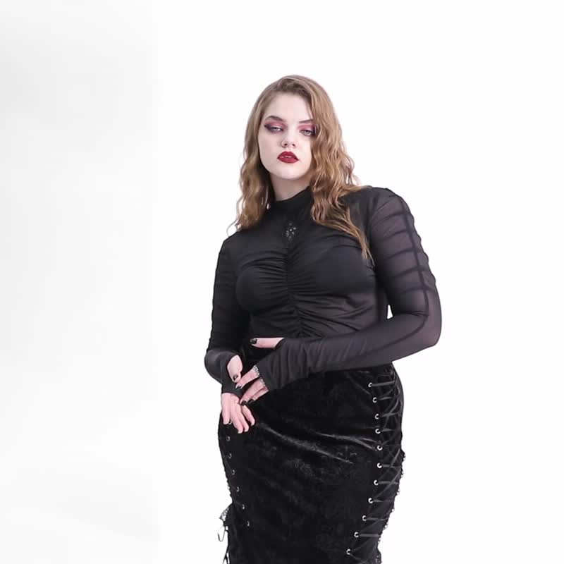 【大尺码】异教徒幽灵骷髅抽褶网纱上衣 - 女装 T 恤 - 其他材质 黑色