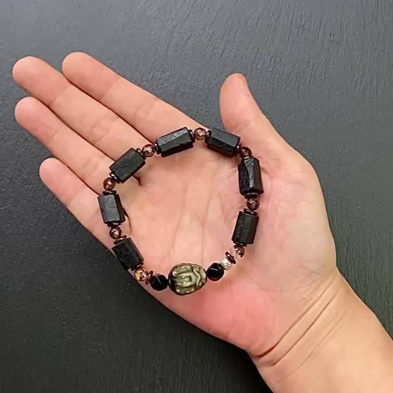 黑碧玺原石x幽灵水晶x黑曜石x钻切茶晶x椰壳x金曜石龙龟纯银手链 - 手链/手环 - 水晶 多色