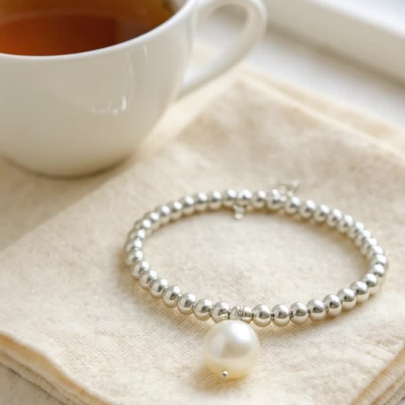 水滴淡水珍珠 S925银珠 纯银手链 - 手链/手环 - 纯银 白色