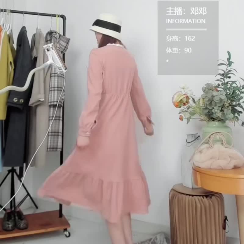 法式粉色减龄连衣裙洋装2023春装新品简约通勤显瘦 - 洋装/连衣裙 - 聚酯纤维 粉红色