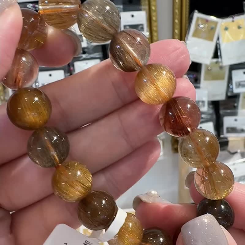 收藏大地透拉丝顺强光猫眼彩发晶11.5-12mm41.43g正财偏财自信 - 手链/手环 - 水晶 多色