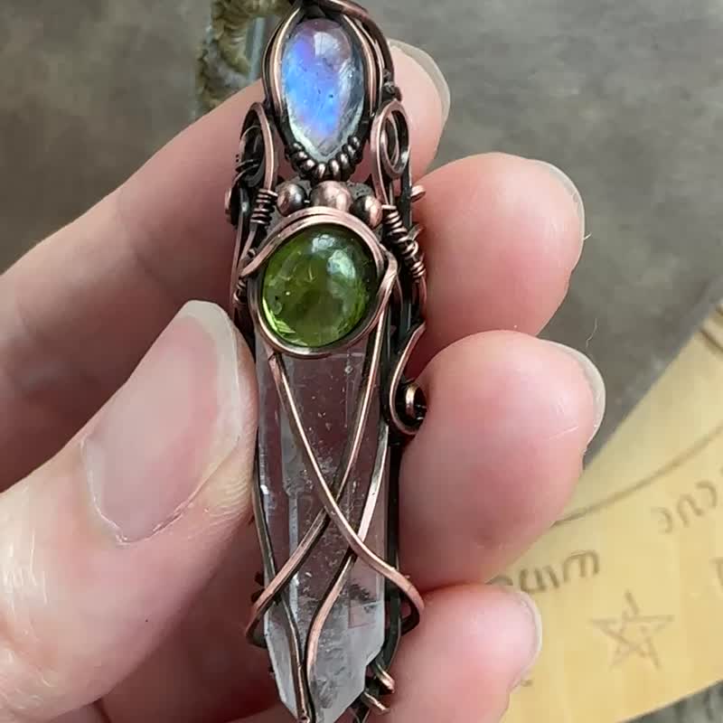 WW324 绕铜线复古做旧 wire wrap 碧玺 月亮石 白水晶柱 吊咀 - 项链 - 铜/黄铜 咖啡色