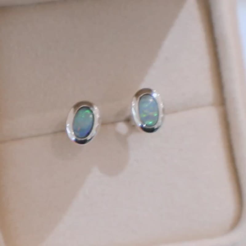 欧泊石OPAL 小椭圆天然蛋白石925纯银耳针 - 耳环/耳夹 - 宝石 多色