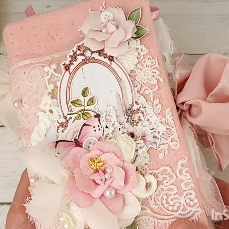 大型花卉花园垃圾日记本手工蕾丝法式别致花朵笔记本 - 笔记本/手帐 - 纸 粉红色