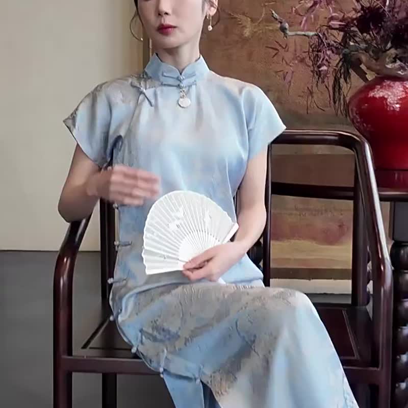 素裳 海藍色 全開襟年輕款古法旗袍 復古新中式國風洋裝唐裝 - 旗袍 - 聚酯纤维 蓝色