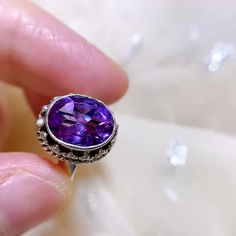 天然紫水晶 戒指 尼泊尔 手工制 925纯银 - 戒指 - 宝石 紫色