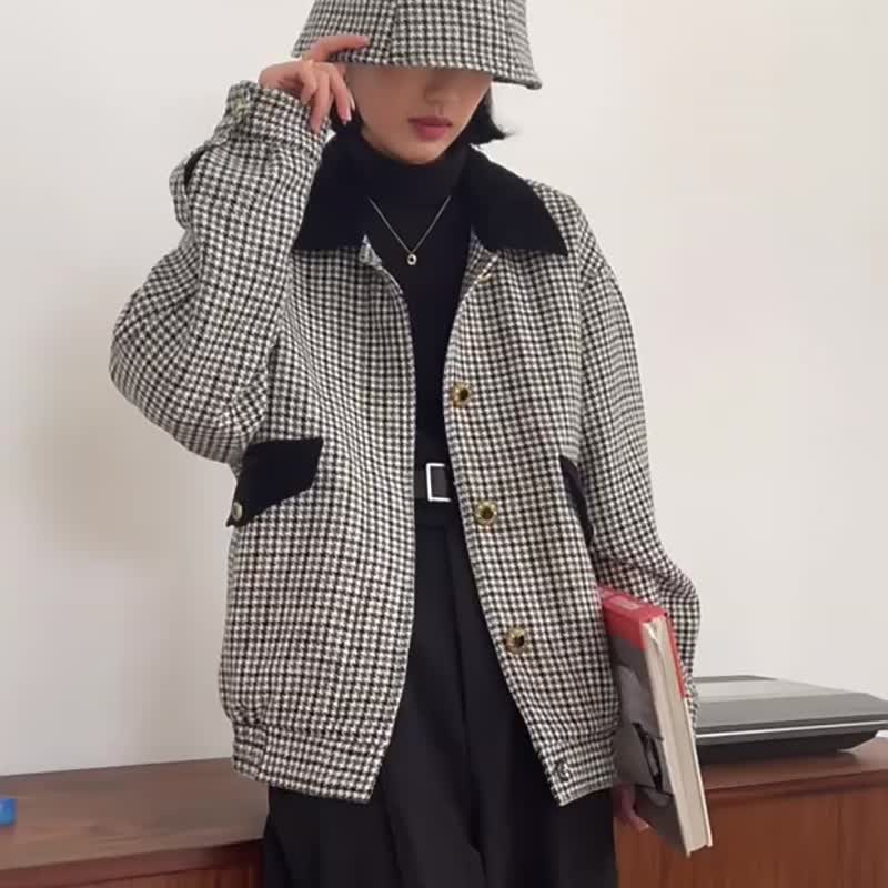 灰白千鸟格 英国进口Abraham moon格纹花呢羊毛西装 金扣拼接夹克 - 女装休闲/机能外套 - 羊毛 灰色
