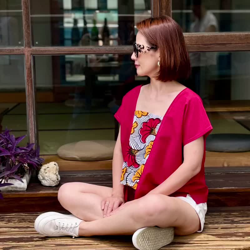 独一无二非洲图腾四角衣红白撞色几何黄色花纯棉宽版设计上衣 - 女装衬衫 - 棉．麻 红色
