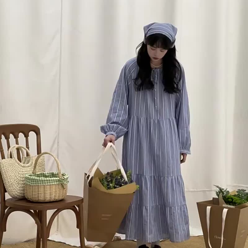 藍色 含頭巾 條紋碎花洋裝 日系文藝休閒連身裙 復古疊穿中長裙 - 洋装/连衣裙 - 棉．麻 蓝色