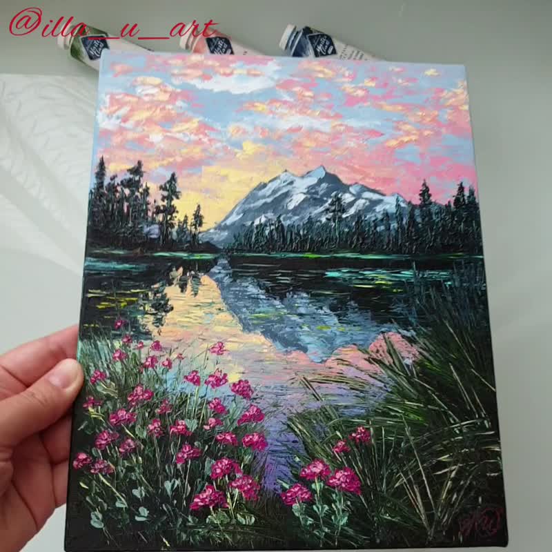 Mountain Painting Lake Original Art Sunset Artwork Landscape Impasto Painting - 海报/装饰画/版画 - 其他材质 多色