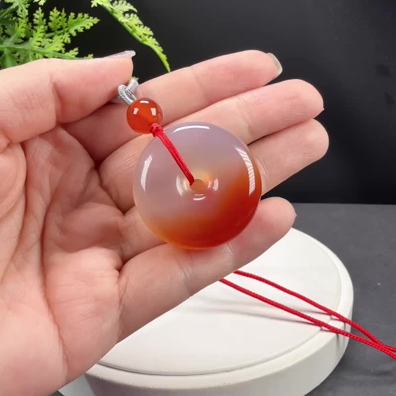 烟紫橘红玛瑙吊坠项链 冰润起刚手工雕刻平安扣 和谐安宁财富机遇 - 项链 - 半宝石 