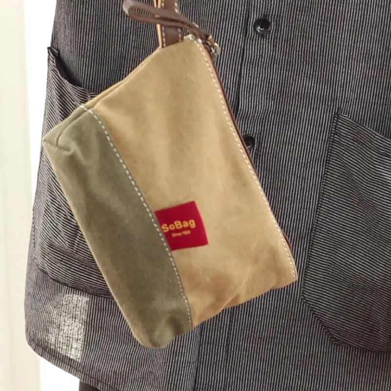 sobag日式手挽手机包男原创设计女夏迷你轻便帆布零钱包手拿卡包 - 手拿包 - 棉．麻 卡其色
