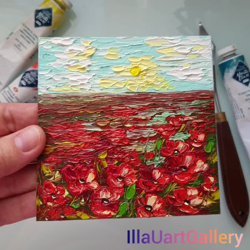 Poppy Painting Landscape Original Art Floral Wall Art Small Oil Painting - 海报/装饰画/版画 - 其他材质 多色