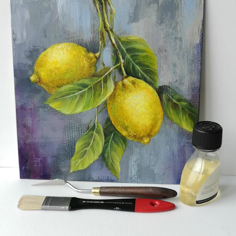 Oil Painting Lemons Original Art on Canvas 25 x 25 cm. - 海报/装饰画/版画 - 棉．麻 