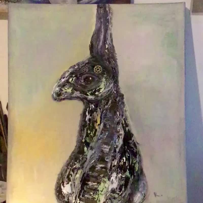 Bunny original oil painting on stretched canvas - 墙贴/壁贴 - 其他材质 黑色