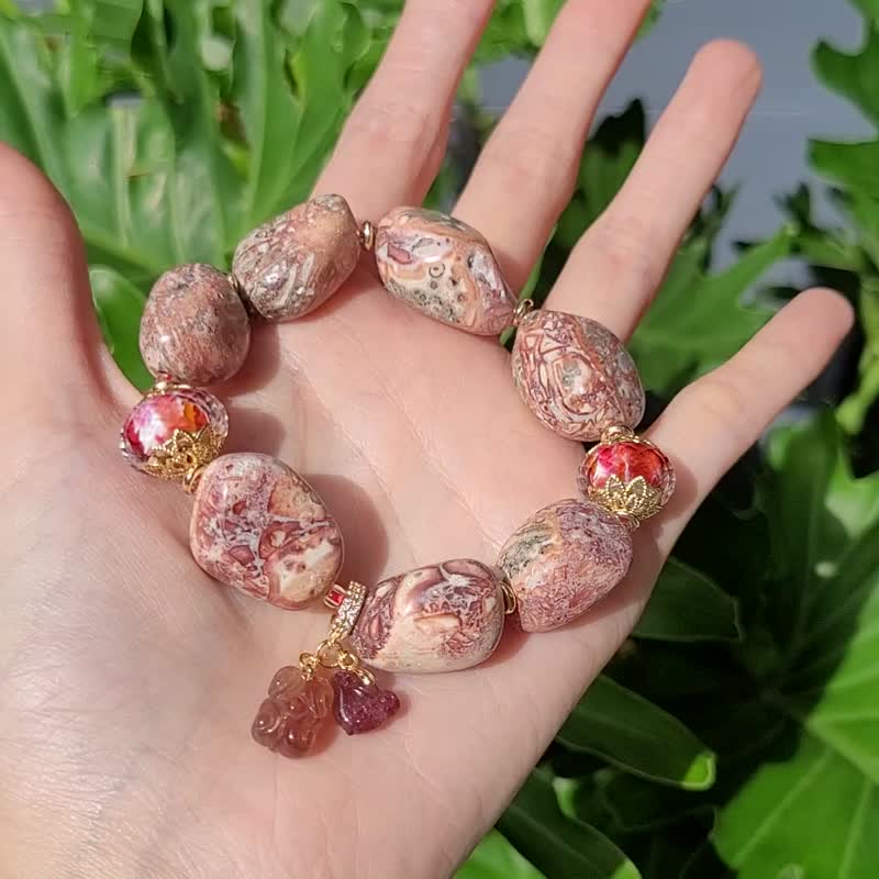 稀有橘红豹纹玛瑙 碧玺 如意 红运当头 琉璃 富贵 手链 单品 礼物 - 手链/手环 - 宝石 红色