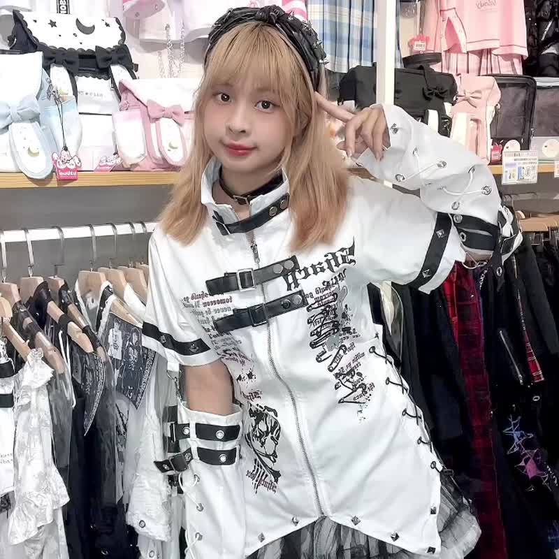 原创庞克视觉系尖锐的爱铆钉扣带立领燕尾接袖拉链衬衫【JJ2425】 - 女装衬衫 - 棉 