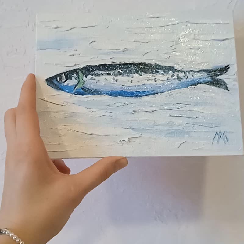 鱼画原画沙丁鱼艺术品鱼艺术品15*20cm - 插画/绘画/写字 - 其他材质 灰色