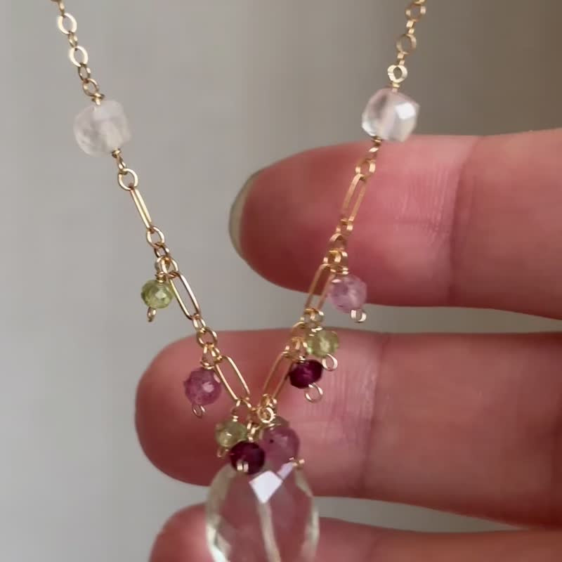 草莓项链 14KGF 绿色紫水晶 橄榄石 石榴石 月光石 - 项链 - 宝石 绿色
