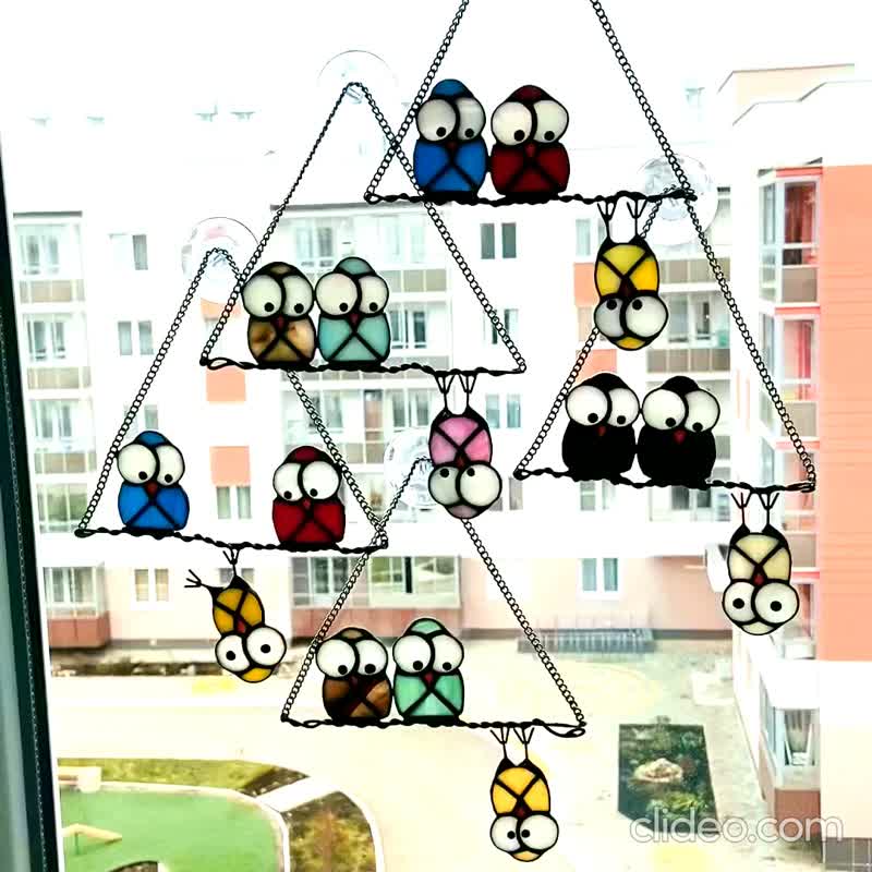 彩色玻璃猫头鹰  太阳捕手  彩色玻璃窗挂  给妈妈的礼物 - 墙贴/壁贴 - 玻璃 多色