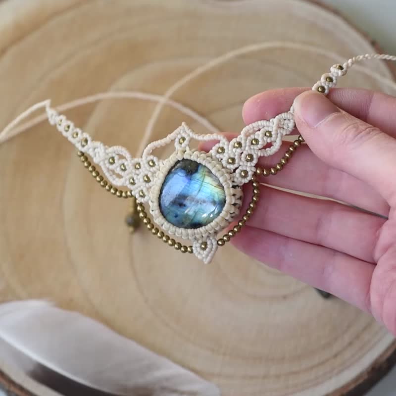 白色拉长石项链, 波希米亚婚礼饰品, 编织项链 - 项链 - 宝石 白色