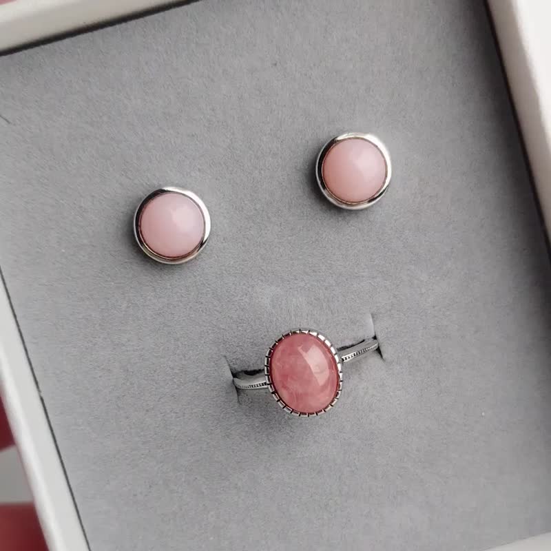 玫瑰蜜糖 | 粉红蛋白石 925纯银 耳针耳环 七夕 情人节 礼物 - 耳环/耳夹 - 宝石 粉红色
