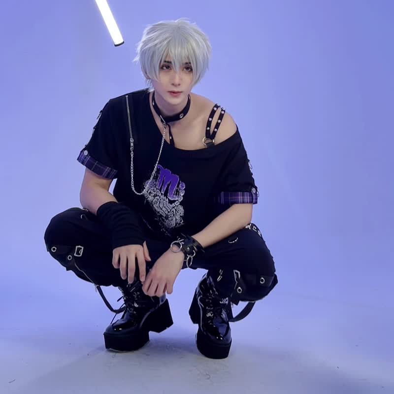 原创天蝎座蔷薇毒蝎星座主题格纹颈圈单肩露肩短袖T恤【JJ2438】 - 女装 T 恤 - 棉 
