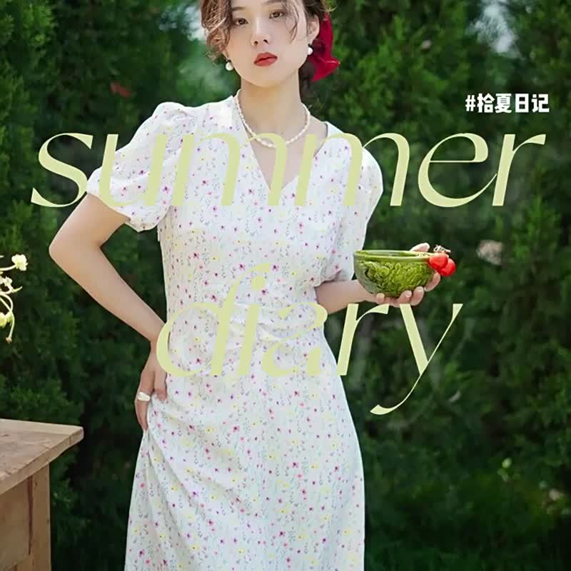 氣質碎花 秘密花園 法式浪漫泡泡袖碎花洋裝 茶歇裙收腰連身裙 - 洋装/连衣裙 - 聚酯纤维 白色