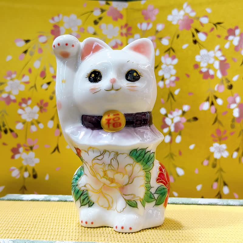 【牡丹聚财】日本清水烧招财猫 | 色绘 - 白地牡丹 - 摆饰 - 瓷 白色