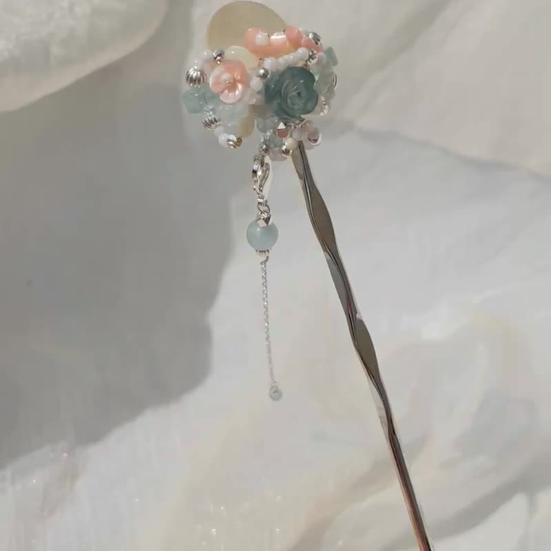 【海蓝宝_金属编织_发簪_沁绣束_孤品_古风饰品_发饰_绣球花意象 - 其他 - 水晶 蓝色