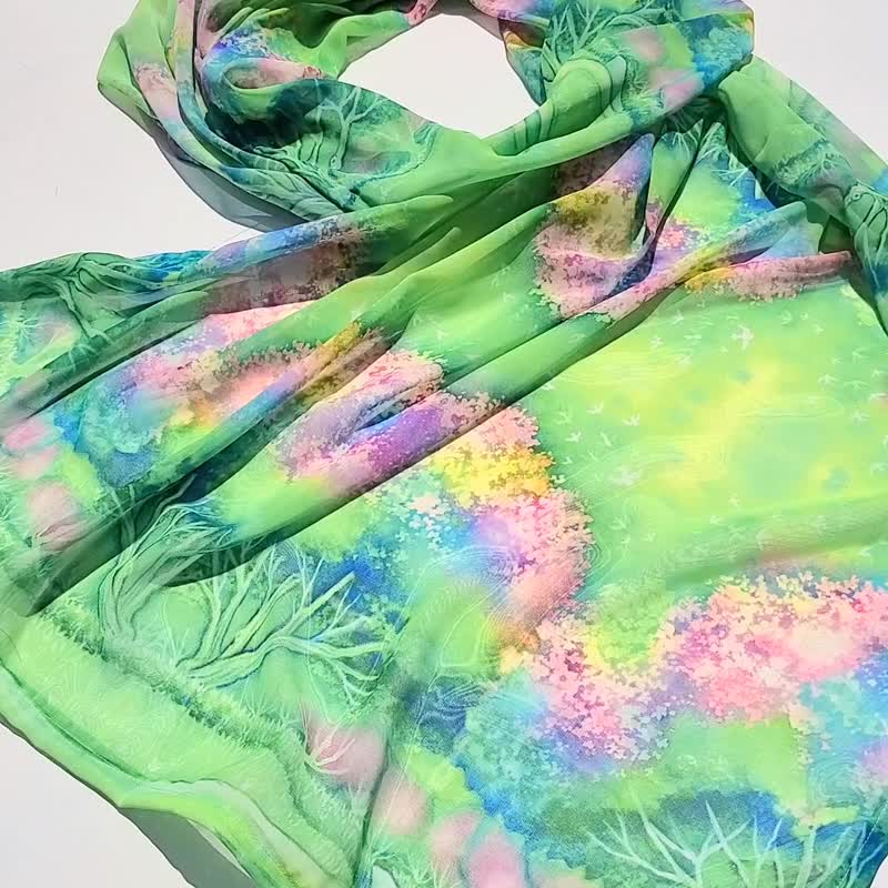 【The forest spins spring】原创设计 水彩画雪纺围巾 艺术丝巾 绿色 礼品 - 围巾/披肩 - 聚酯纤维 绿色