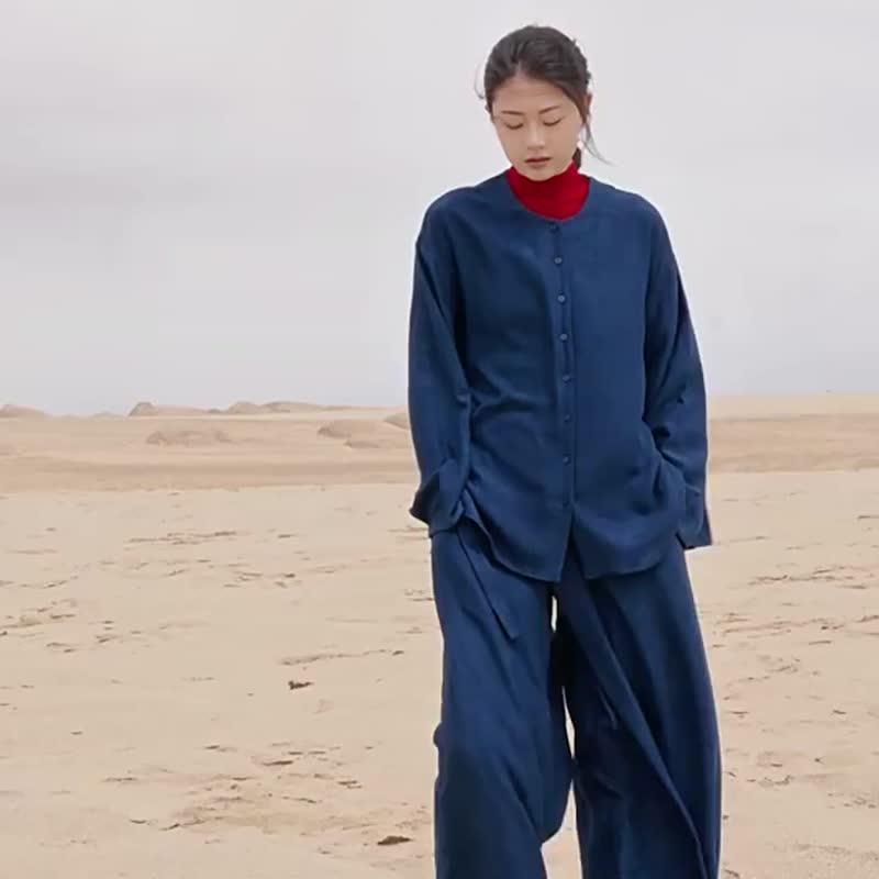 深靛蓝 2色 新中式东方 圆领琵琶袖系带松紧腰裙裤套装 - 女装上衣 - 棉 蓝色