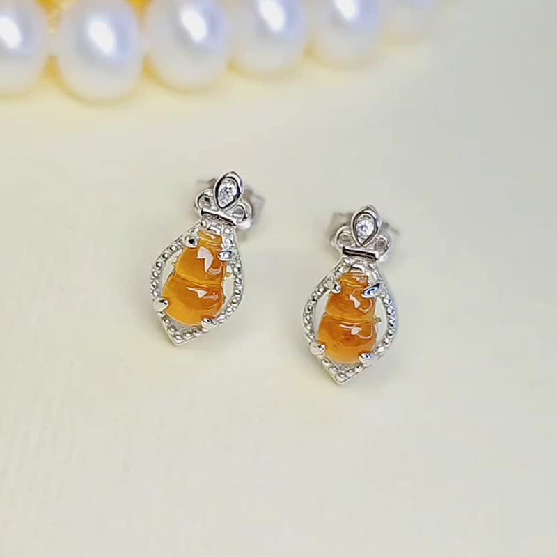 |招财纳福|缅甸A货翡翠冰芬达黄翡葫芦纯银镀18k简约耳环 - 耳环/耳夹 - 玉石 