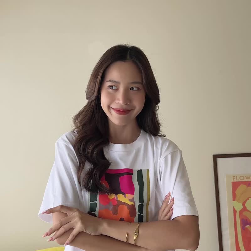 T-Shirt Crop Cotton Digital Print Screen - 女装 T 恤 - 棉．麻 白色