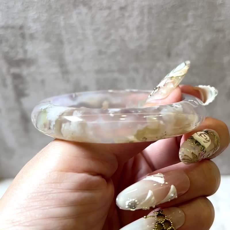 樱花玛瑙手镯 冰透紫粉水中花正镯 夏日冰凉感 52圈口 - 手链/手环 - 玉石 