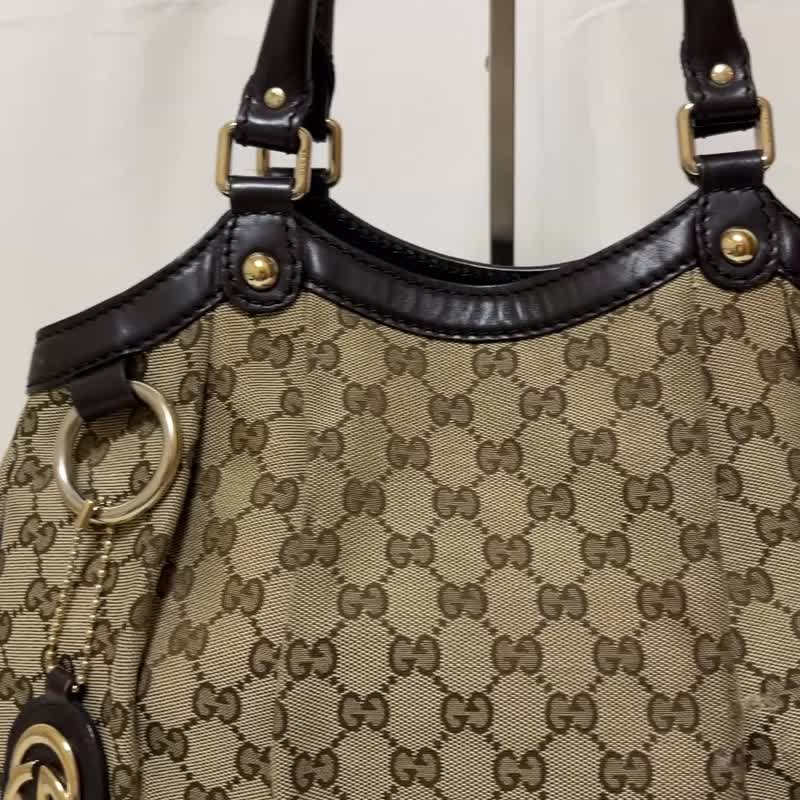GUCCI Sukey GG 帆布皮革手提包米棕211944 - 手提包/手提袋 - 棉．麻 卡其色