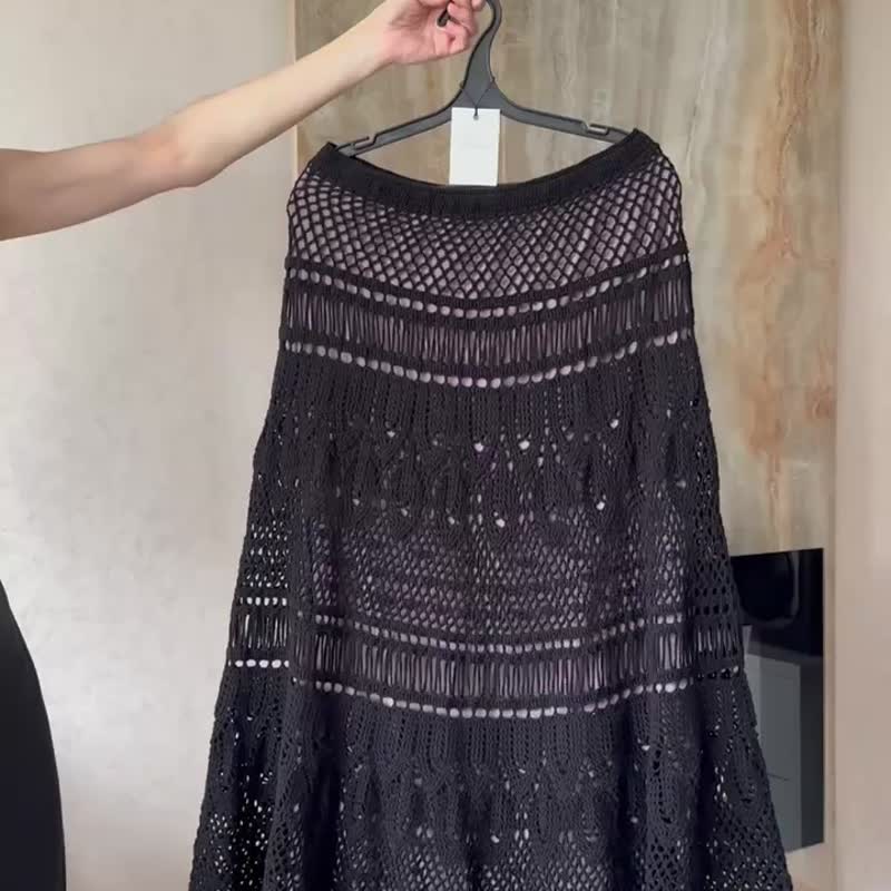 黑色蕾丝裙 A字长裙 手工裙 钩织裙 - 裙子 - 棉．麻 