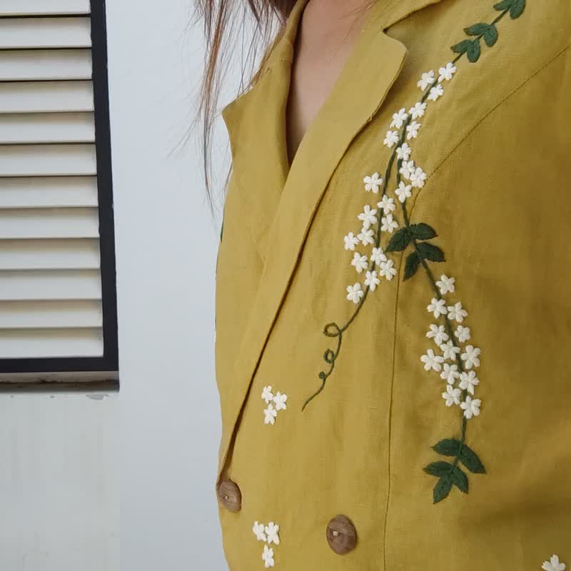 Vest Blazer Set Lemon -  短裤和无袖上衣刺绣野生白花 - 女装背心 - 棉 黄色