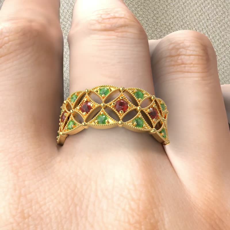 Vintage Haft Eternity 2 Tone gemstones, Vine Estate Jewelry Ring Gold Eternity - 戒指 - 银 咖啡色