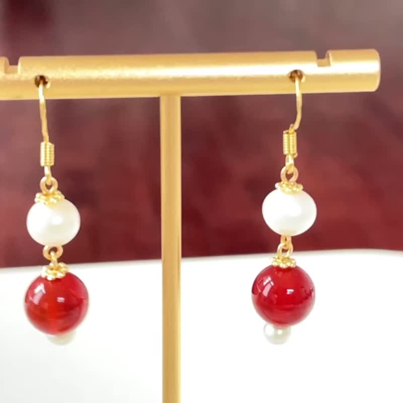 长相思 天然淡水珍珠 红玛瑙 流苏 耳环 - 耳环/耳夹 - 珍珠 红色