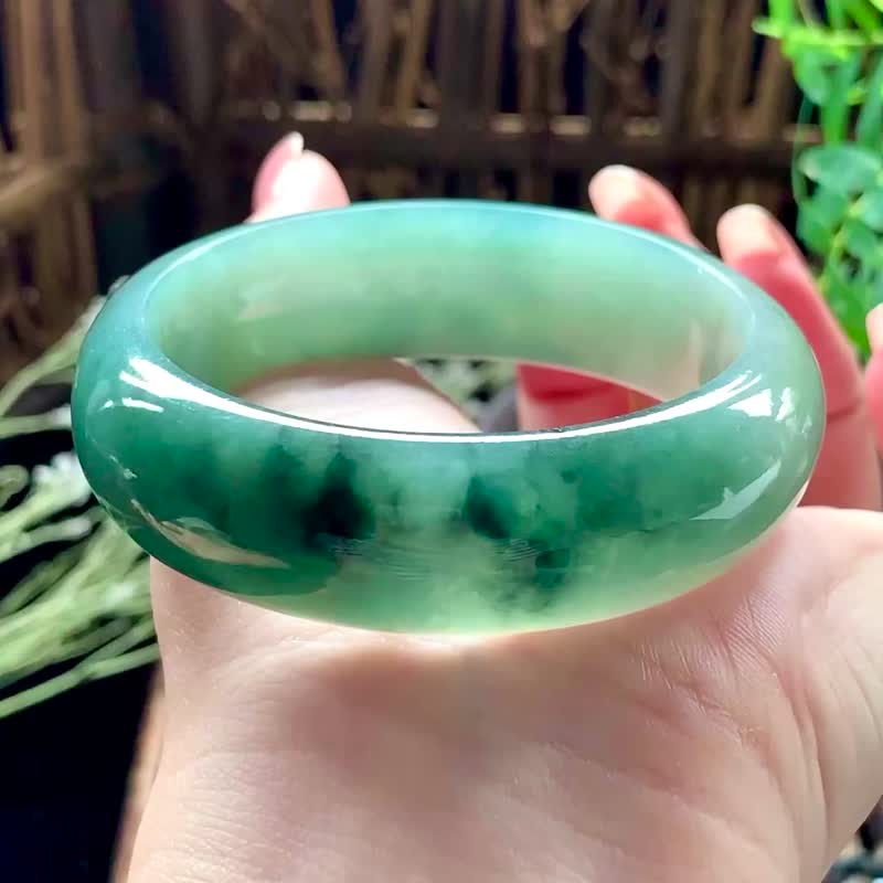 冰种 天然翡翠 缅甸 A玉 玉镯 • 冰种厚压飘花翡翠福镯 - 手链/手环 - 玉石 绿色