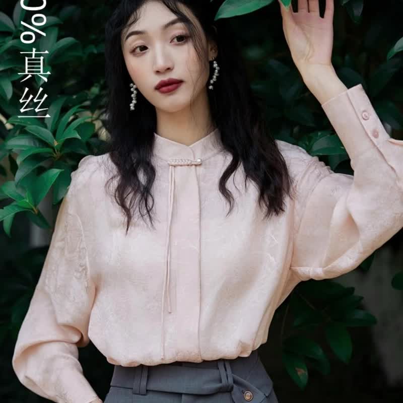 秋季中国风真丝衬衣 新中式提花桑蚕丝长袖粉色立领衬衫显瘦上衣 - 女装衬衫 - 丝．绢 粉红色